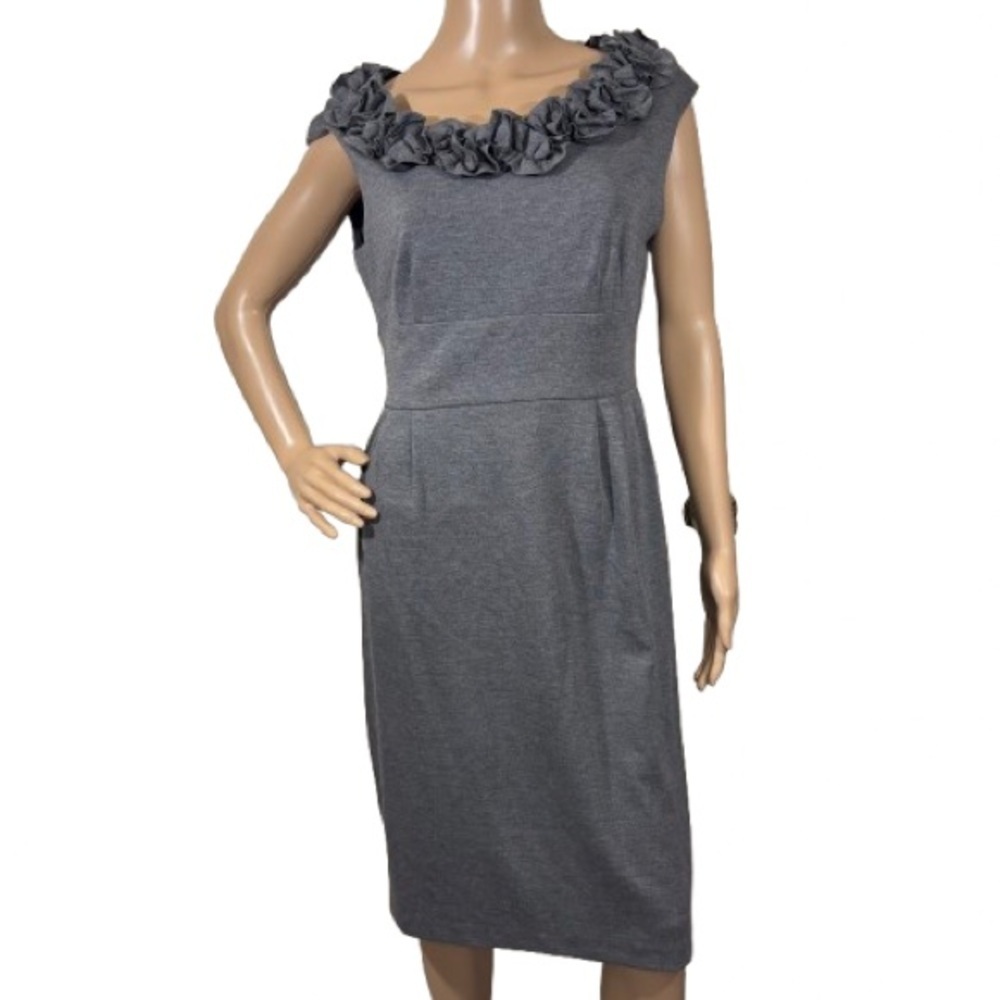 London Times Gray Sheath Dress With Ruffled Collar Size 12